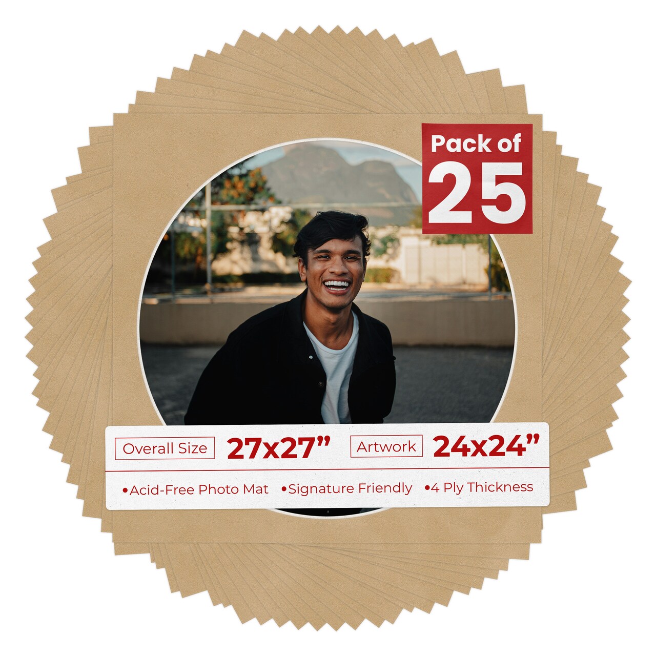 Beige Suede Mat Board for 27x27 Frames - Circle Opening for 24x24 Photos
